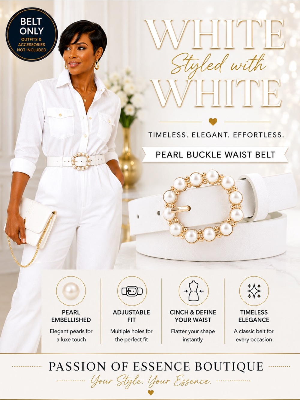 Elegant White Faux Leather Belt with Pearl-Embellished Oval Buckle